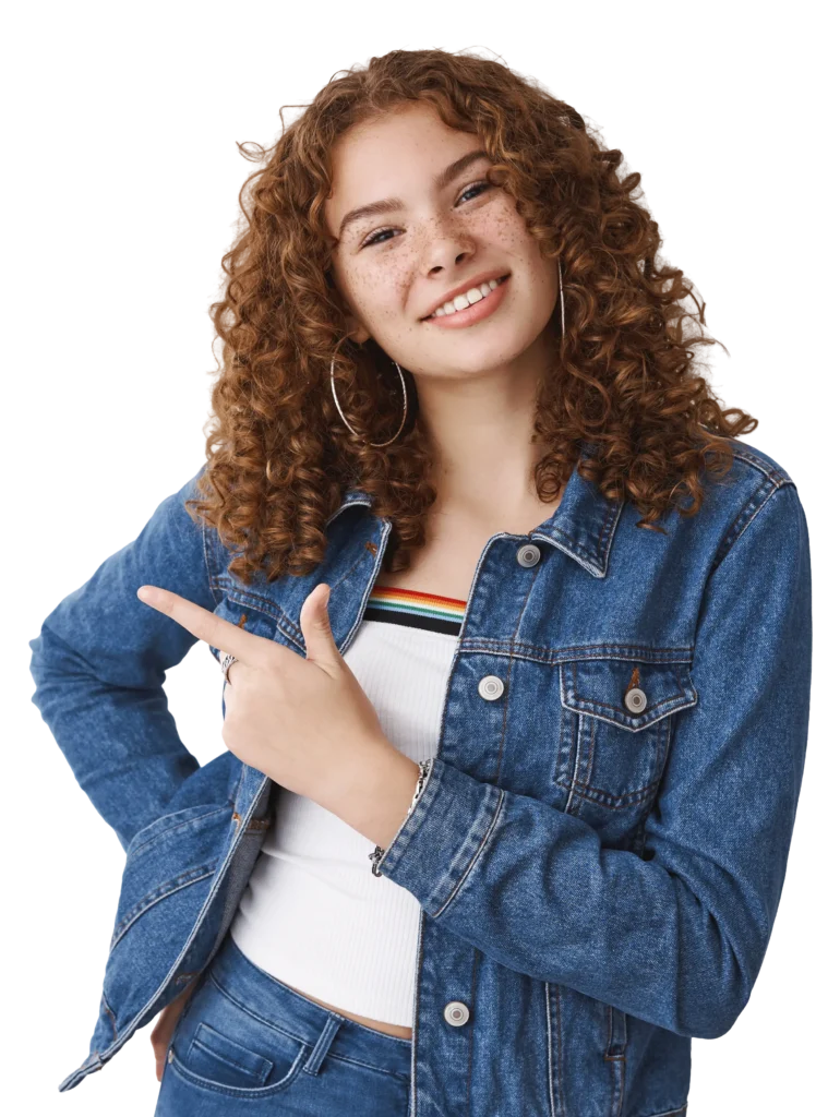 estudante apontando redhead girl pointing finger side copiar